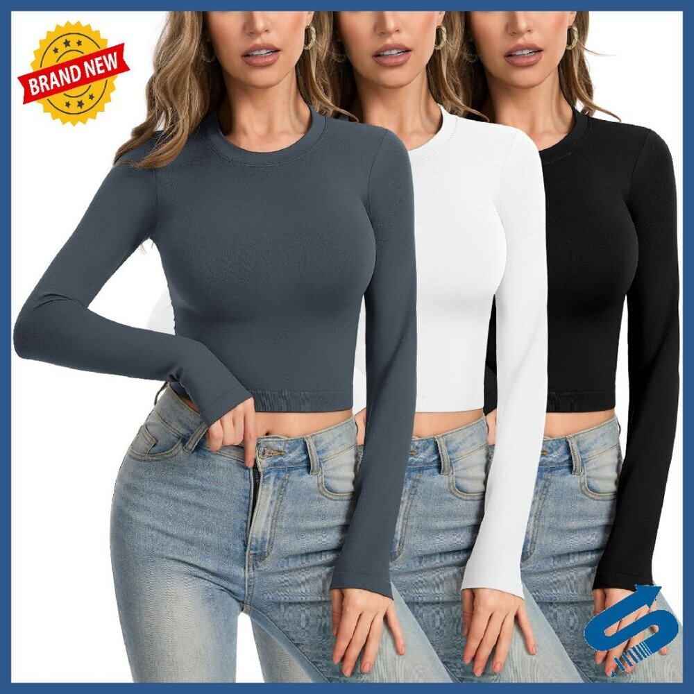 Long Sleeve Crop Top 3-Pack Slim Fit Nylon Spandex Essential